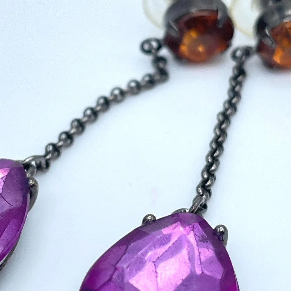 Vintage Gunmetal-Tone Prong Faceted Glass Purple Teardrop Beads Dangle Earrings